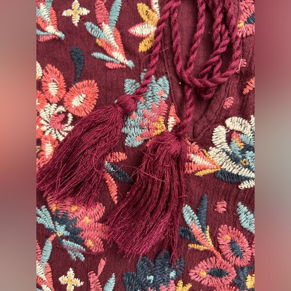 American Eagle Outfitters Burgundy Peplum Embroidered Top with Tassels - Picture 11 of 11